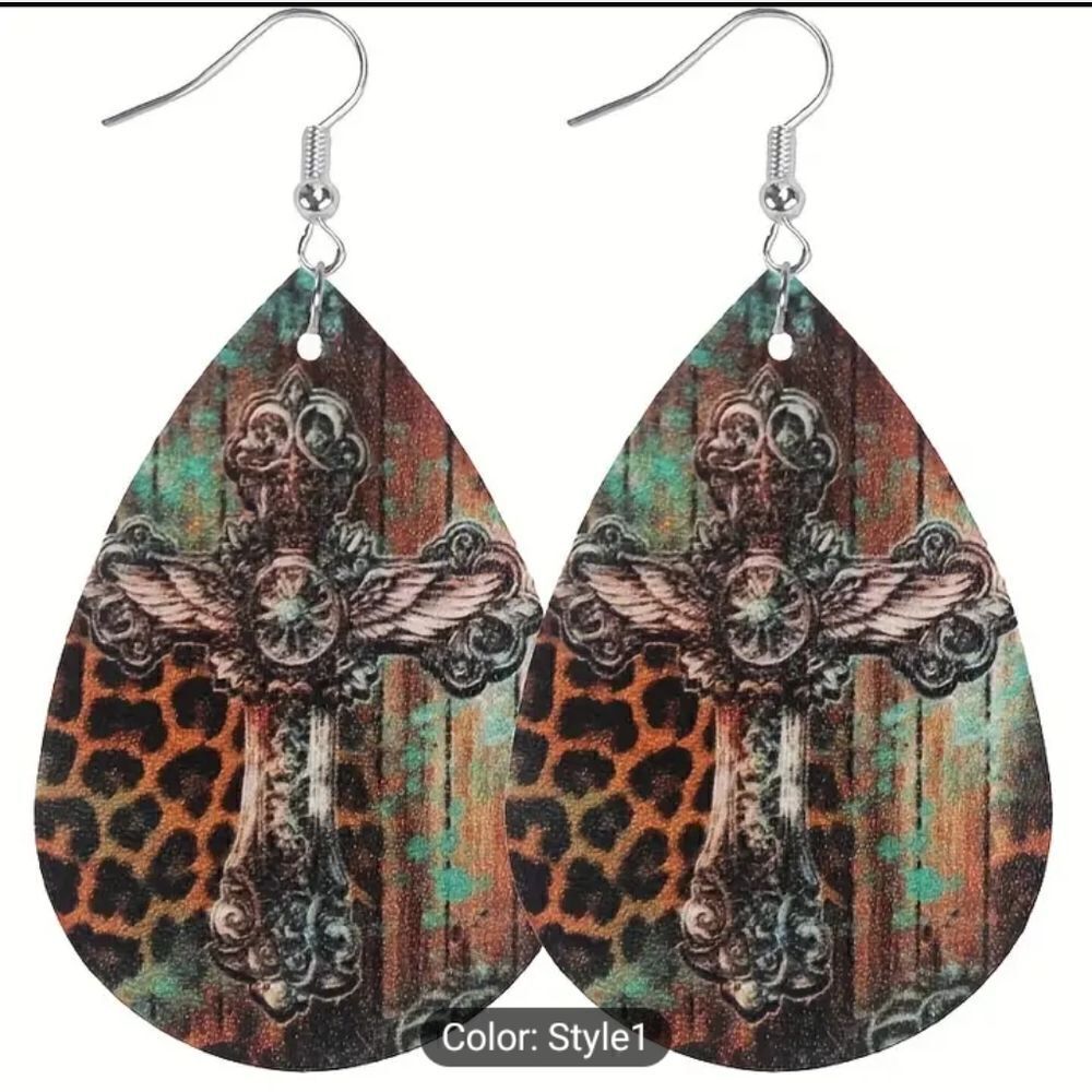 Cross earrings teardrop faux leather new d81